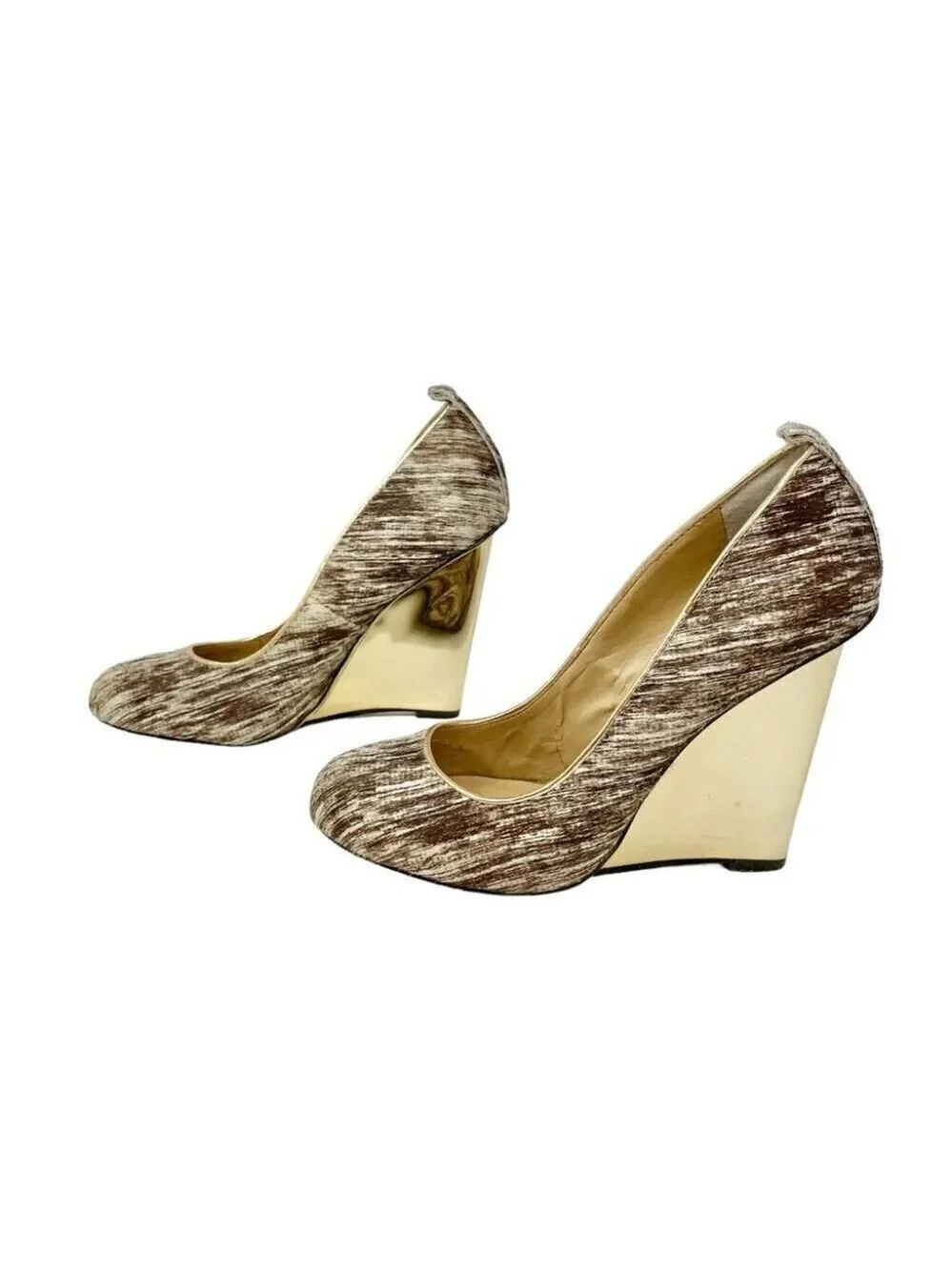 BCBG MaxAzria Ma-Valletta Calfhair and Gold Wedge Heels US 7